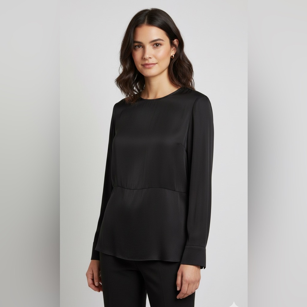 Theory 100% Silk Blouse Fitted Flare Peplum Shirt Sz L Black Quiet Luxury